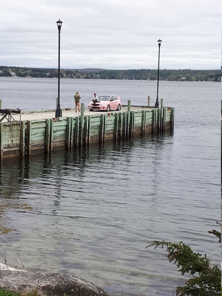 Woman posing for a photo on her car from the wharf at Bay Lookout Park