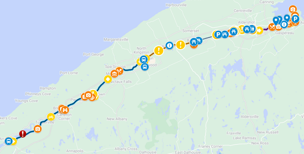 Google map showing a route. There are various icons representing key locations and trail conditions