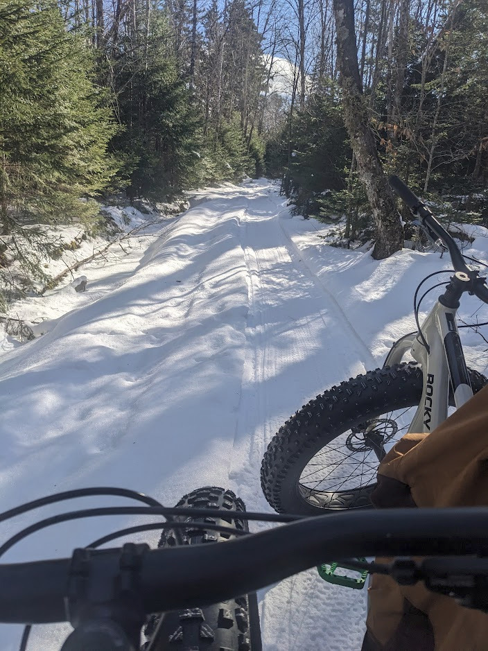 Both our bikes face a snowy trail that has been carefully groomed.